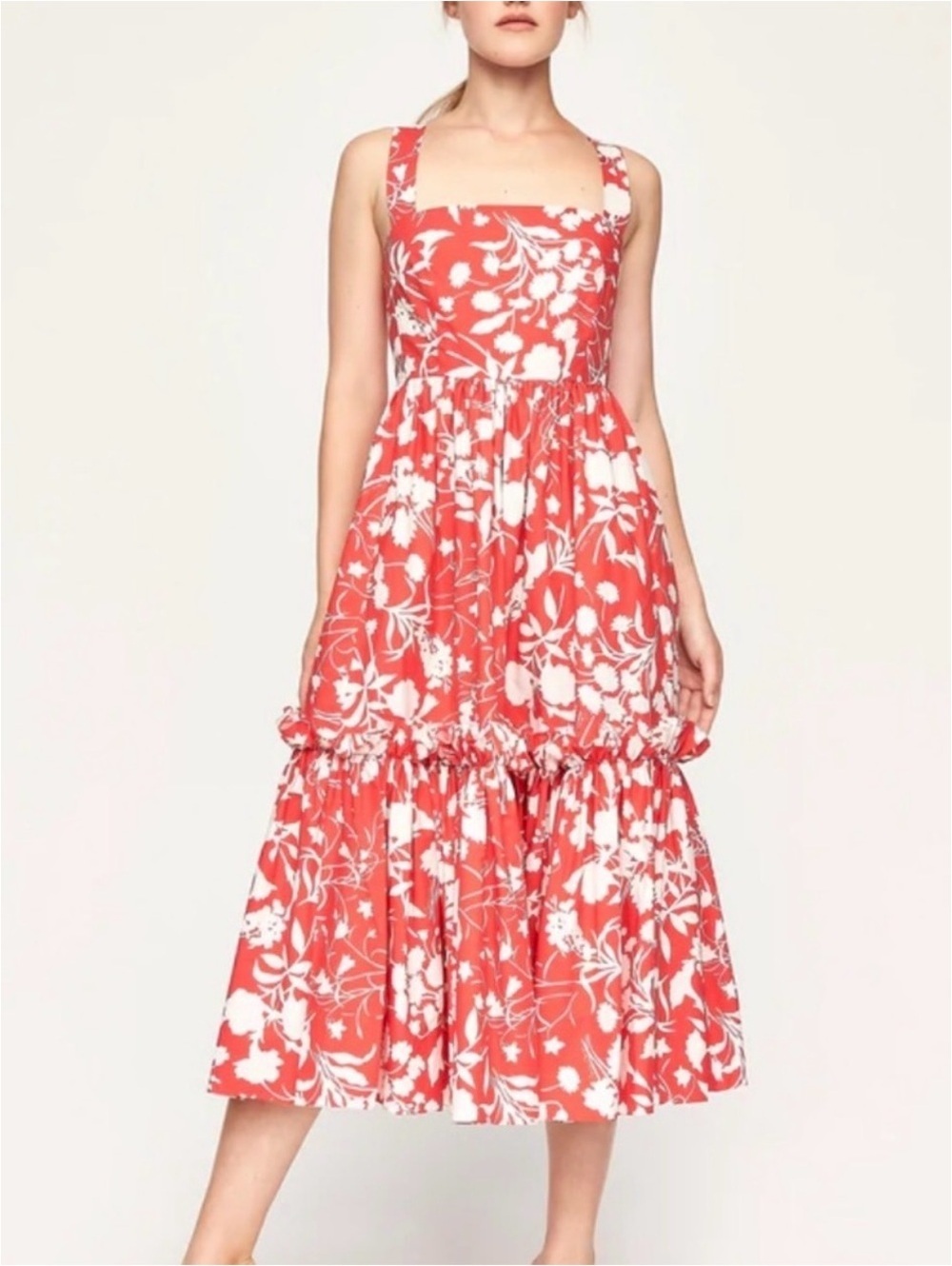 Cara Cara Julia Floral Coral Tiered Midi Sundress Dress Sz XS/Sm EUC